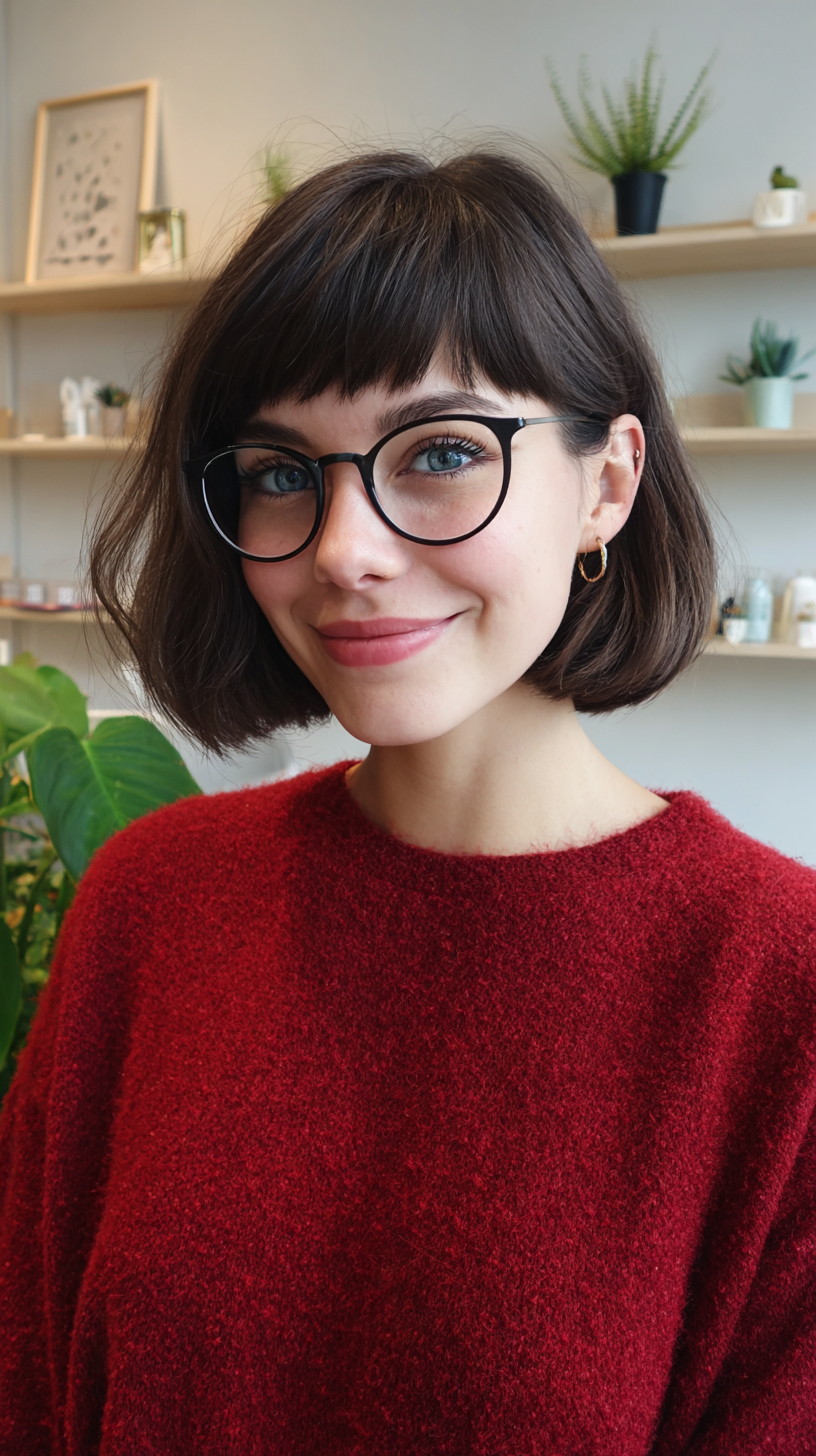 Chic Textured Bob with Wispy Bangs and Glasses