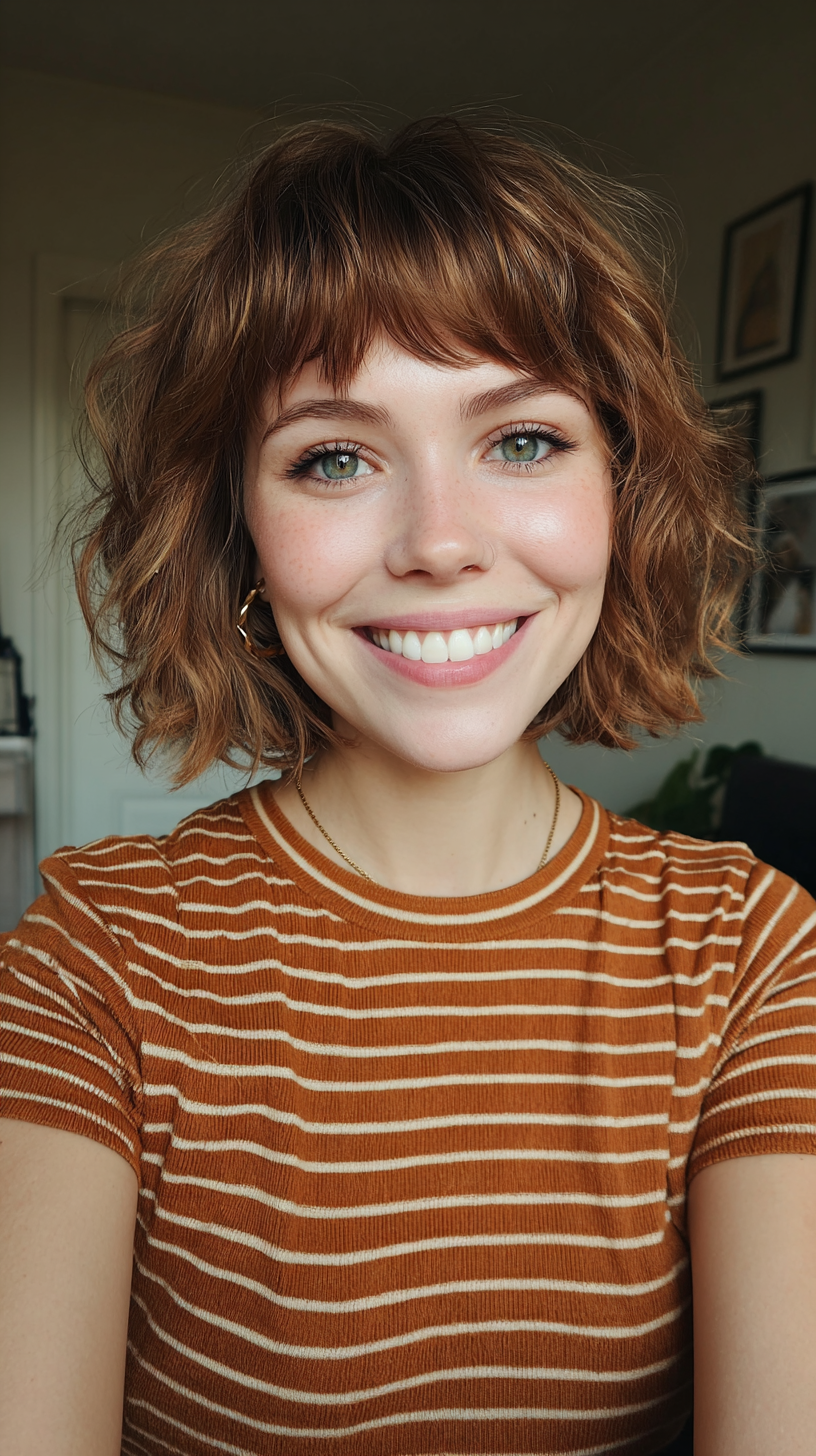 Chic Textured Copper Curls with Soft Bangs