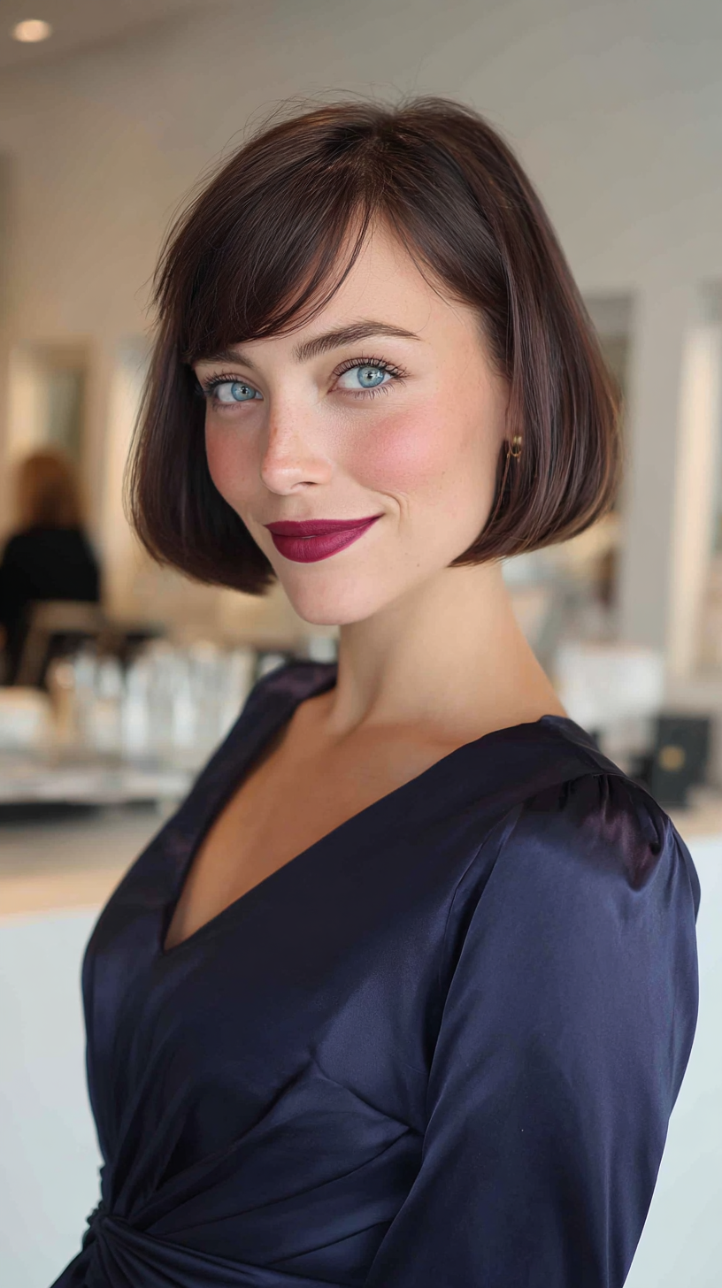 Chic Textured Dark Brown Bob with Soft Bangs