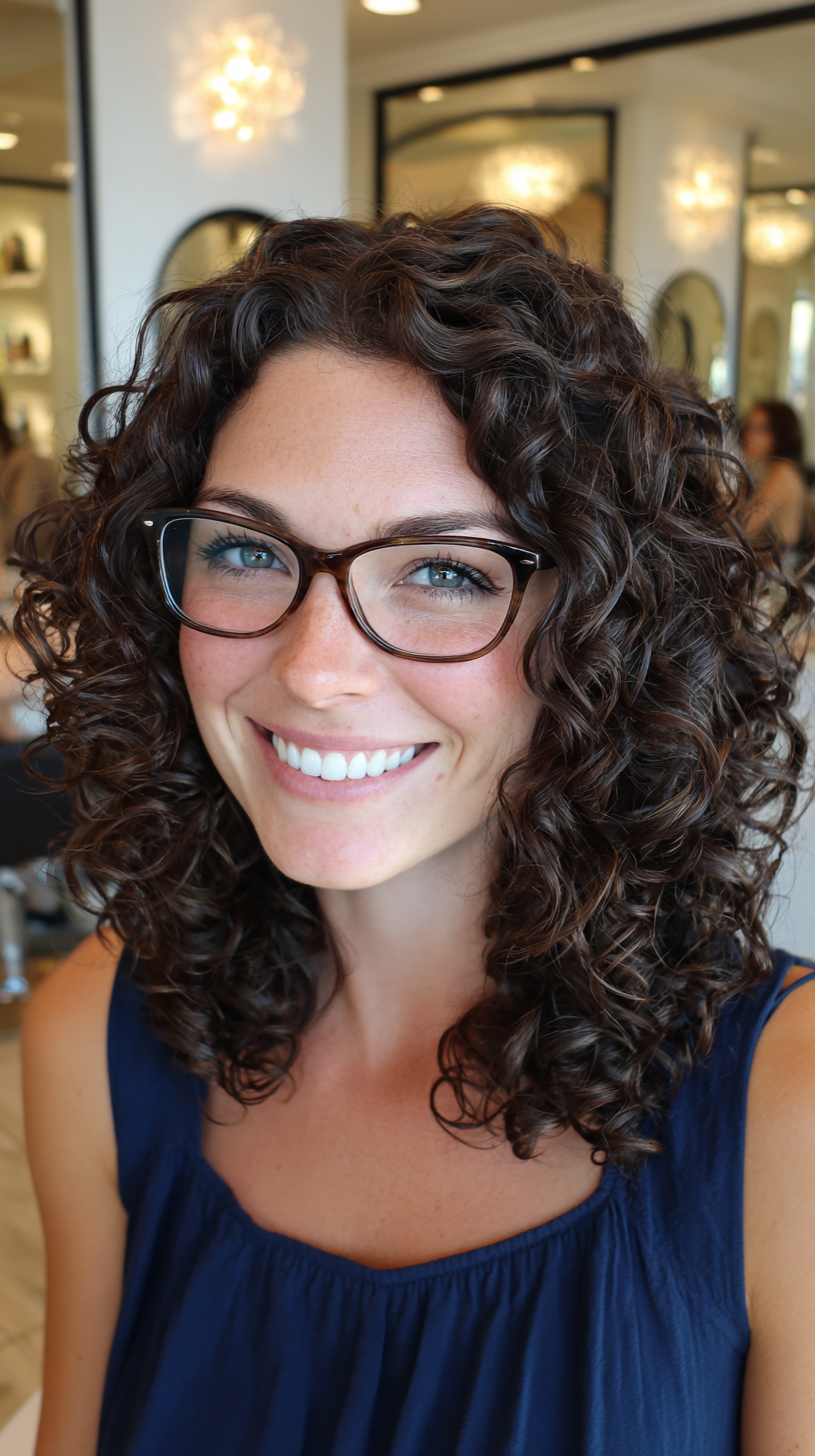 Curly Shoulder-Length Cut with Glasses