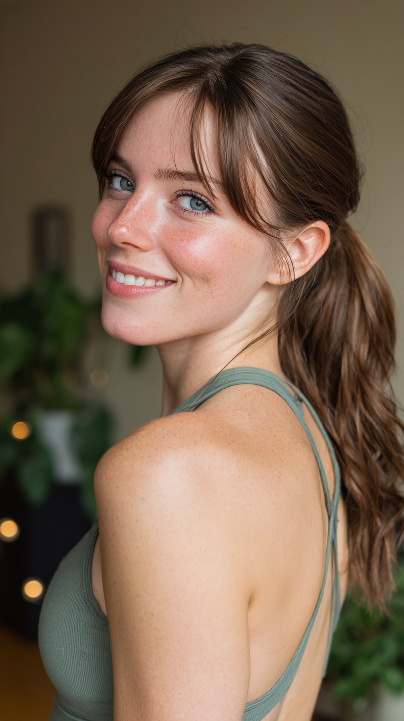 Effortless Layered Ponytail with Soft Face-Framing Bangs