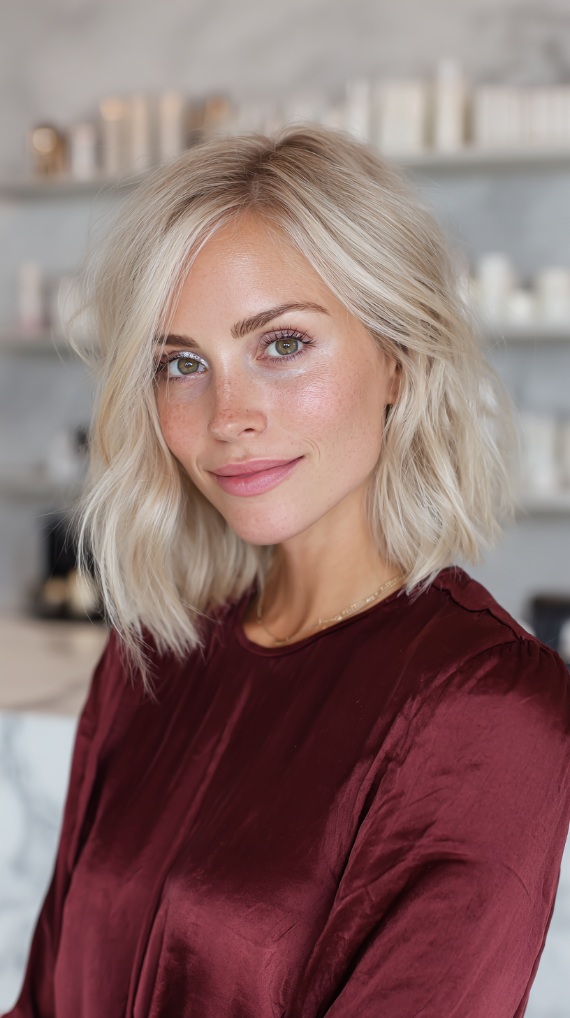 Effortlessly Wavy Short Blunt Cut with Subtle Highlights