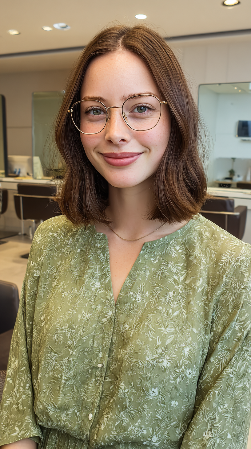 Elegant Medium-Length Layered Cut with Glasses