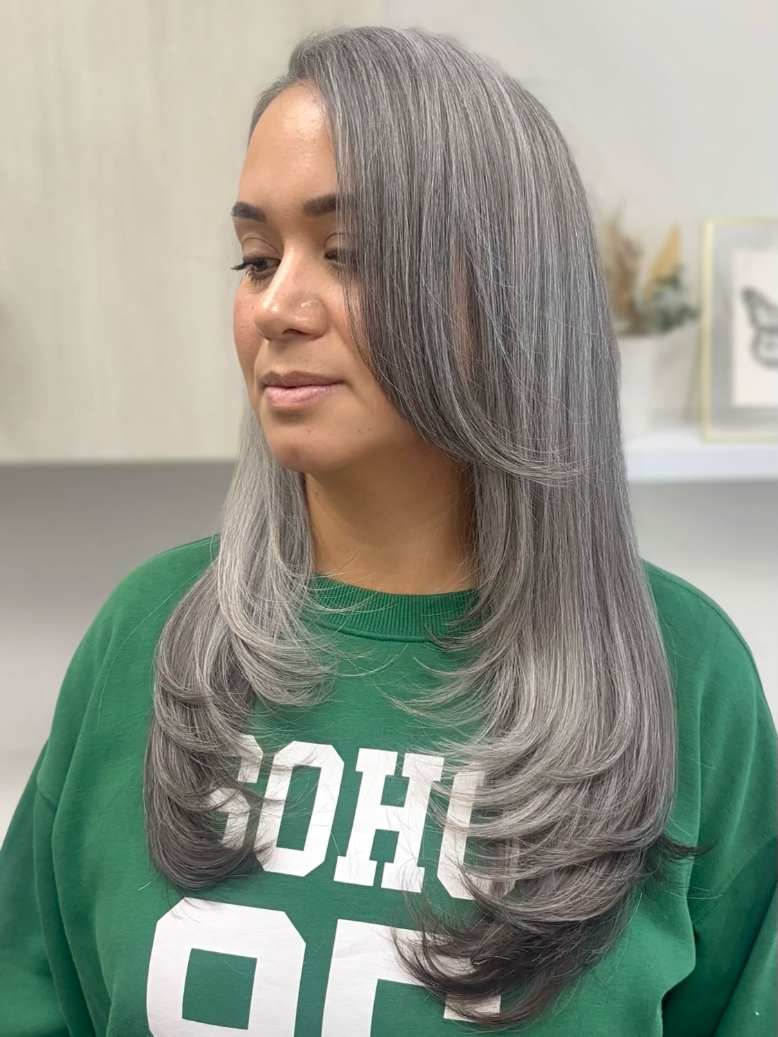 Elegant Silvery Long Layered Cut with Soft Movement