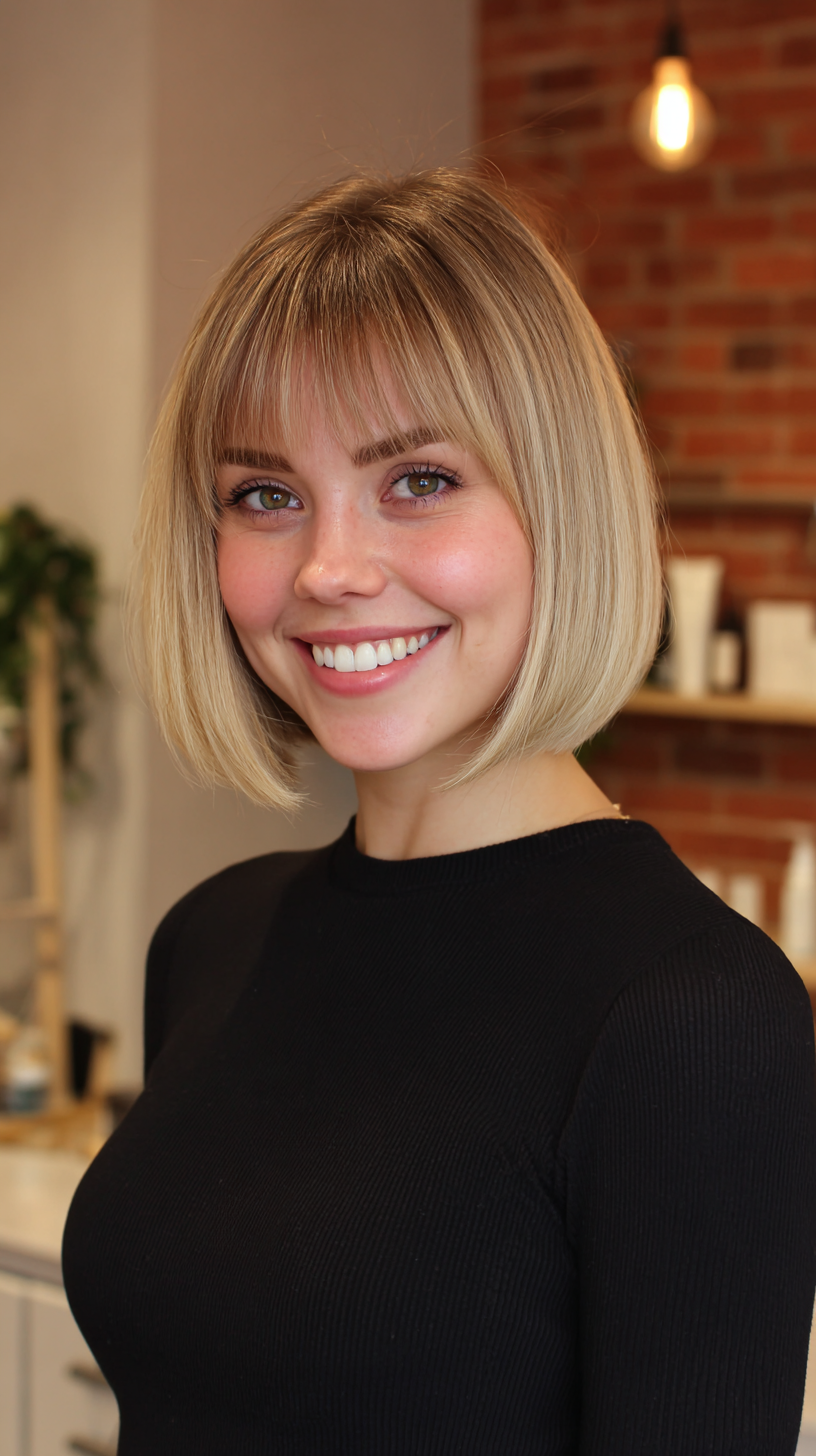 Fresh Blonde Bob with Dark Roots and Soft Layers