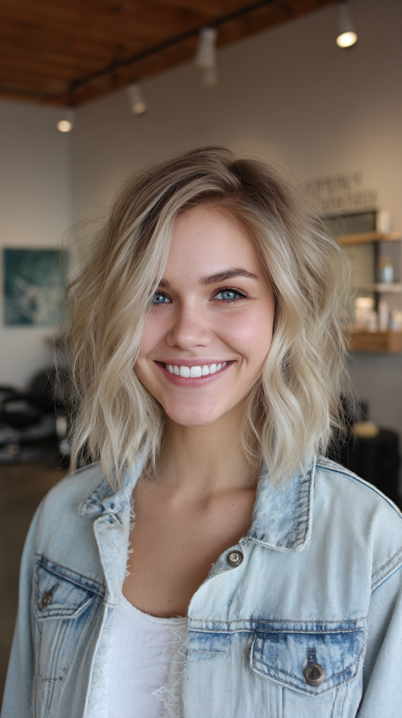 Light Blonde Stacked Cut with Darker Roots