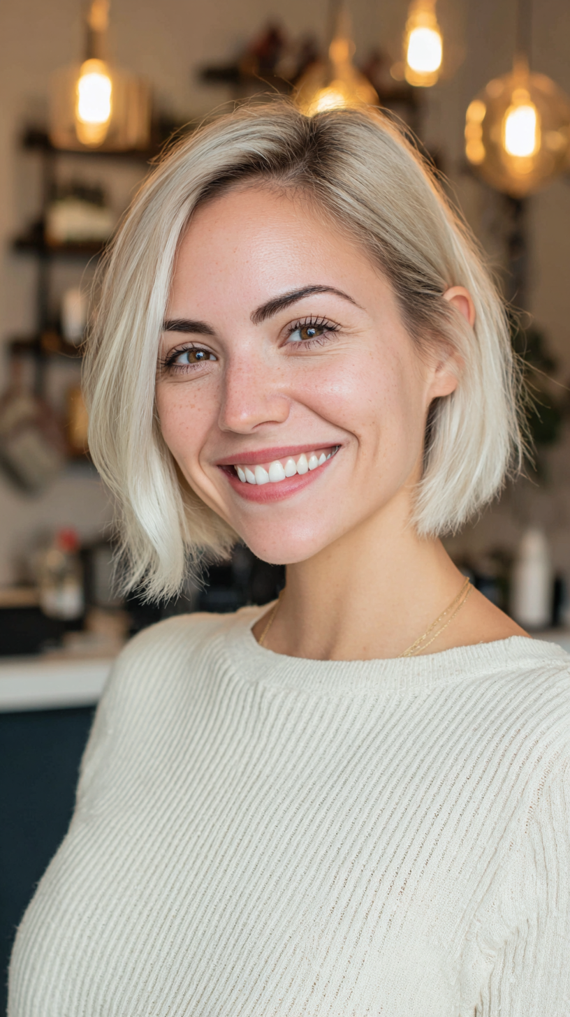 Modern Blunt Blonde Bob with Dark Roots