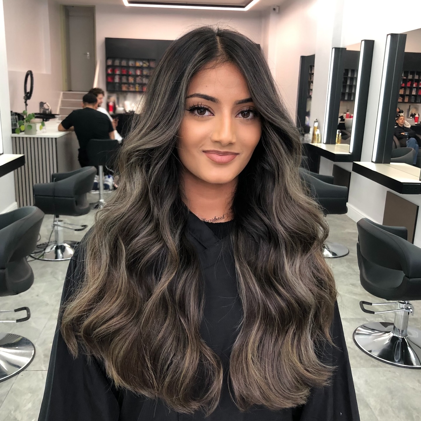 Modern Dark Ash Balayage with Luscious Waves