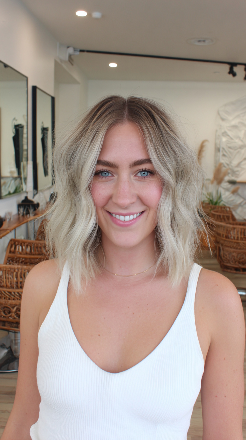 Modern Textured Blonde Bob with Dark Roots