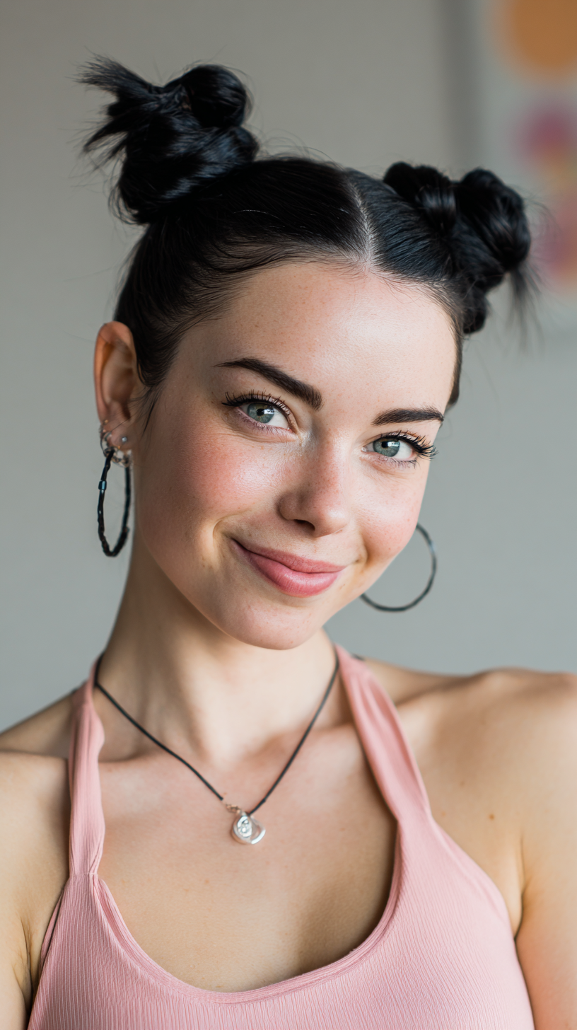 Playful Double Top Knots with Soft Texture