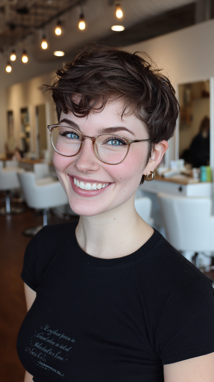 Playful Short Curly Cut with Glasses