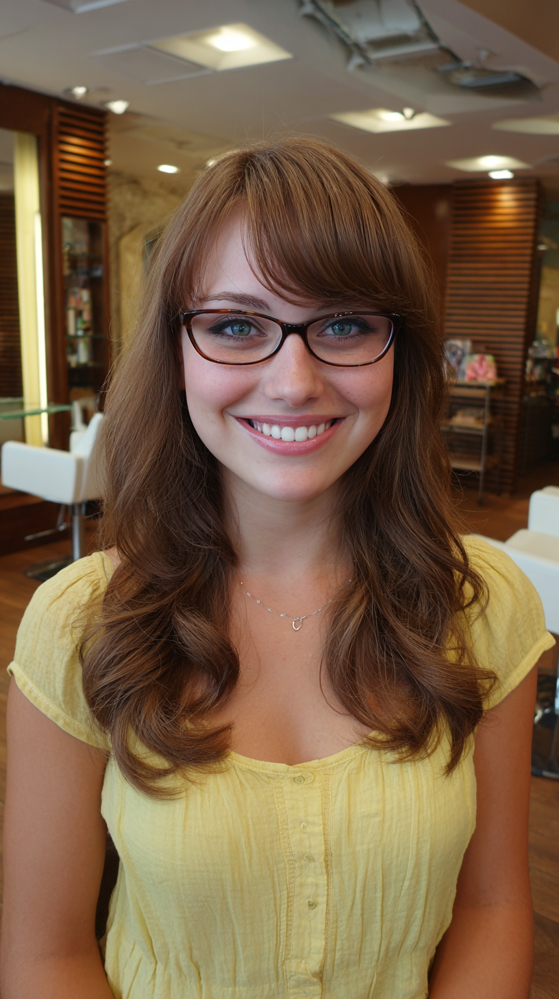 Softly Curled Shoulder-Length Cut with Glasses