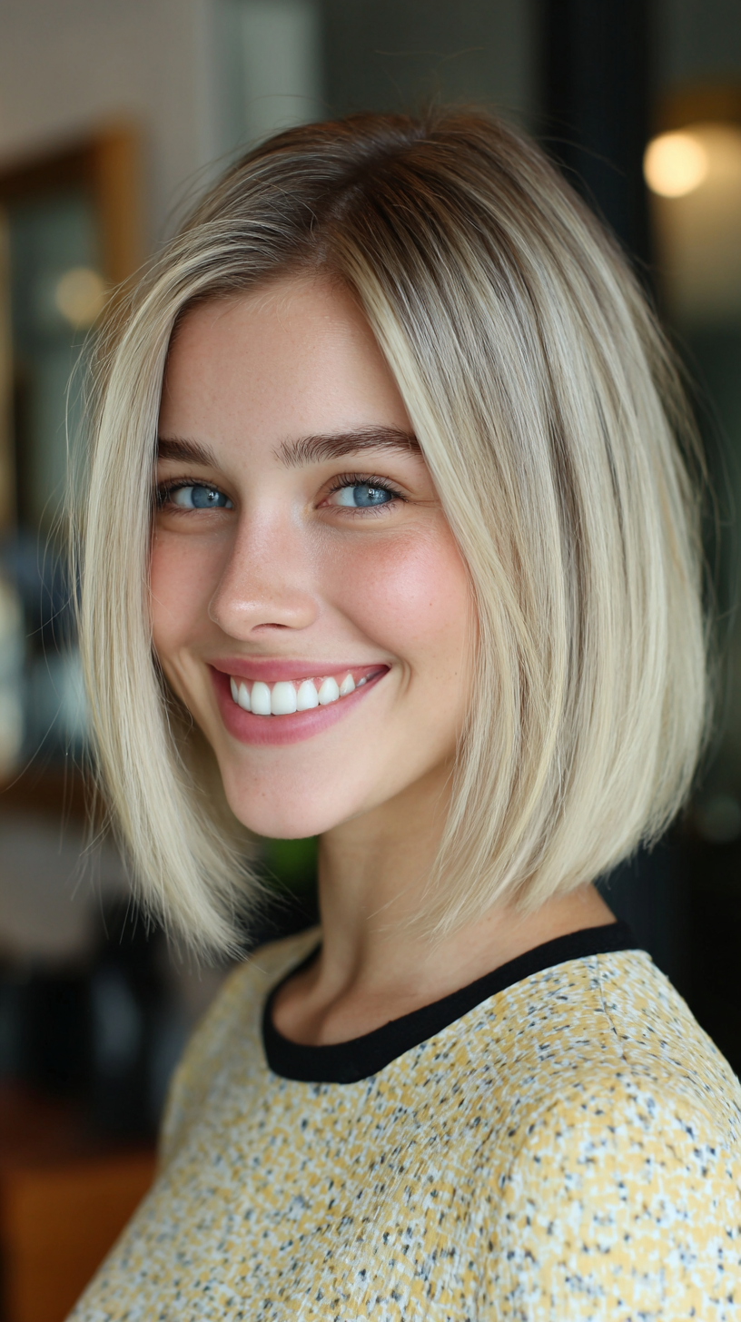 Stylish Blunt Bob with Dark Roots and Light Blonde Highlights