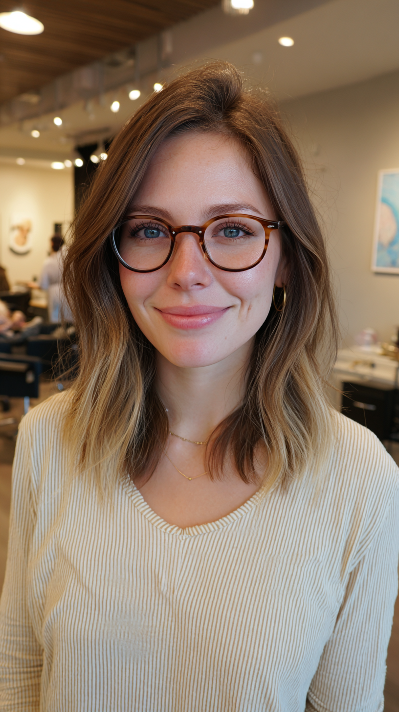 Textured Mid-Length Cut with Face-Framing Layers and Glasses