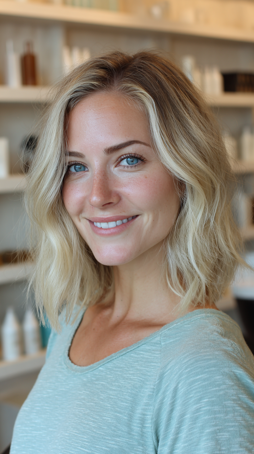 Trendy Beachy Blonde Bob with Dark Roots