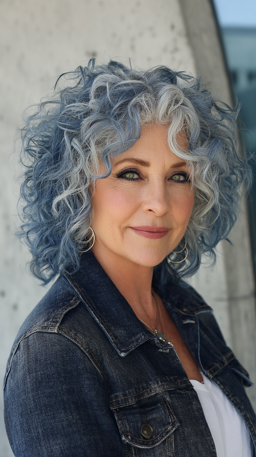 Bold Curly Shag with Cool Blue Highlights