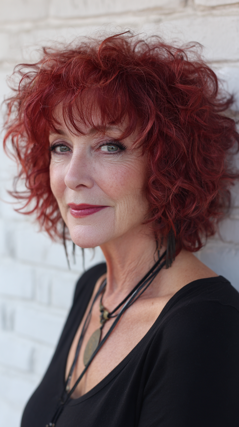 Bold Curly Shag with Vibrant Red Tones