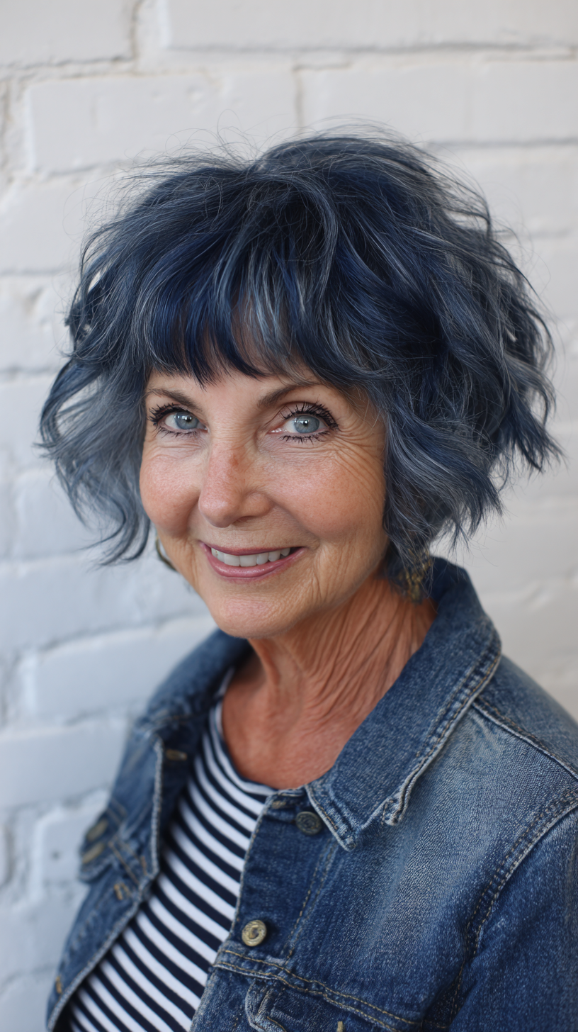 Bold Textured Wavy Shag with Vibrant Blue Tones
