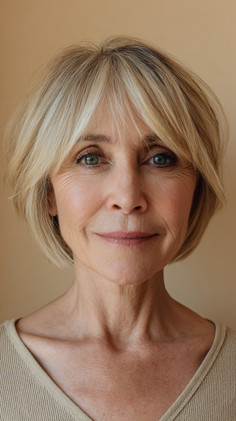 Chic Soft Blonde Shaggy Bob with Textured Bangs