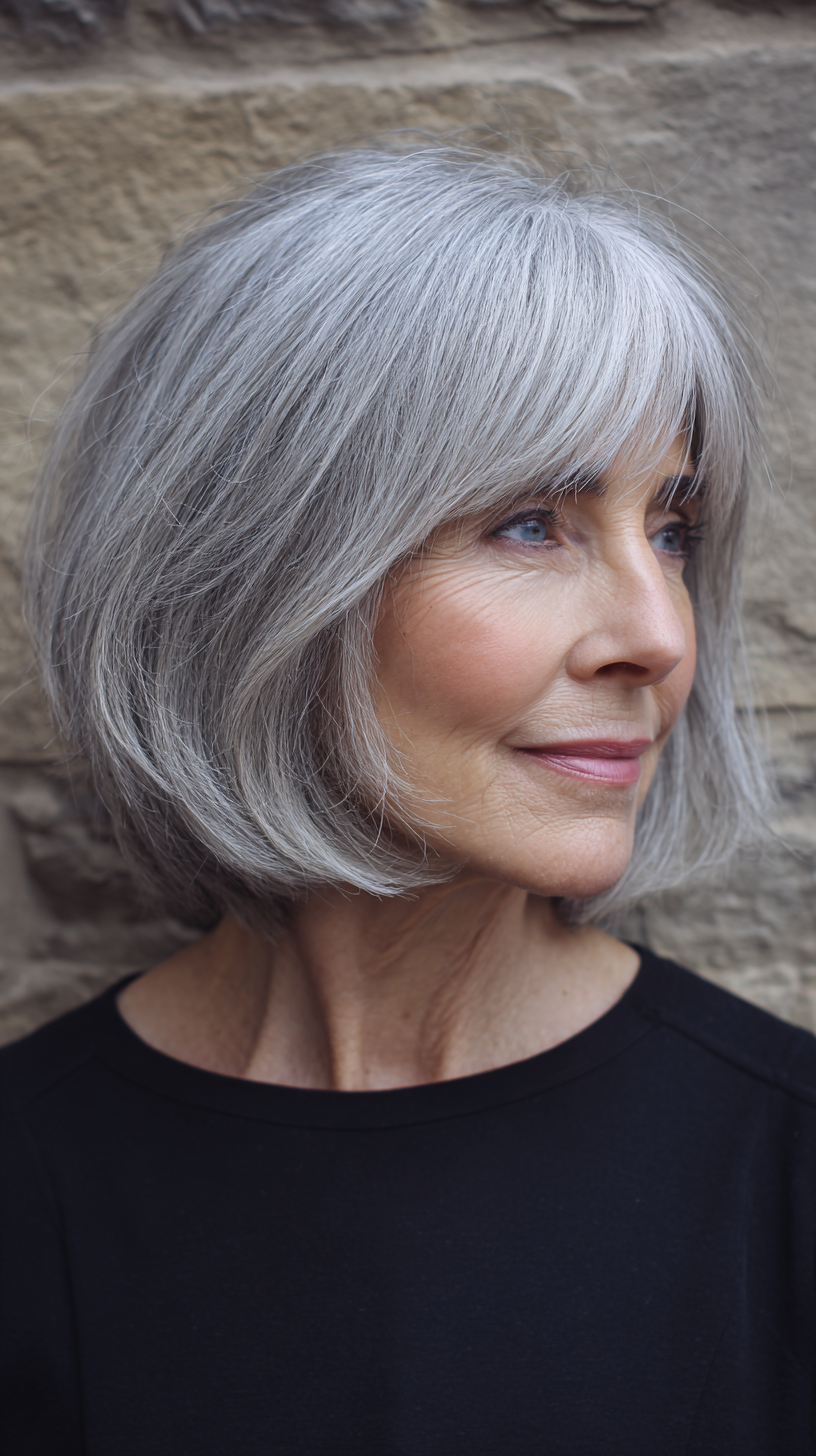 Chic Soft Grey Shaggy Bob with Face-Framing Layers