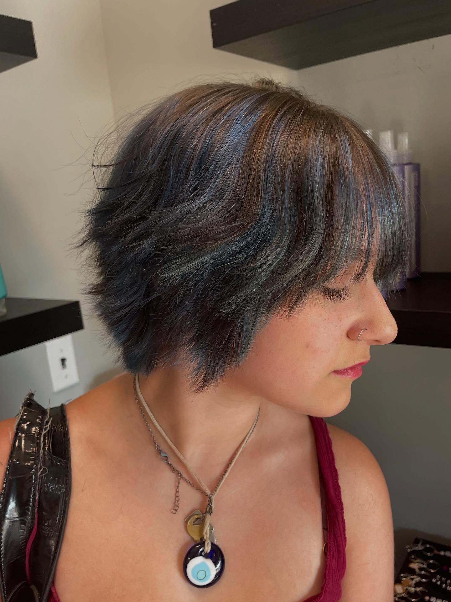 Choppy Long Pixie Cut with Cool Blue Undertones