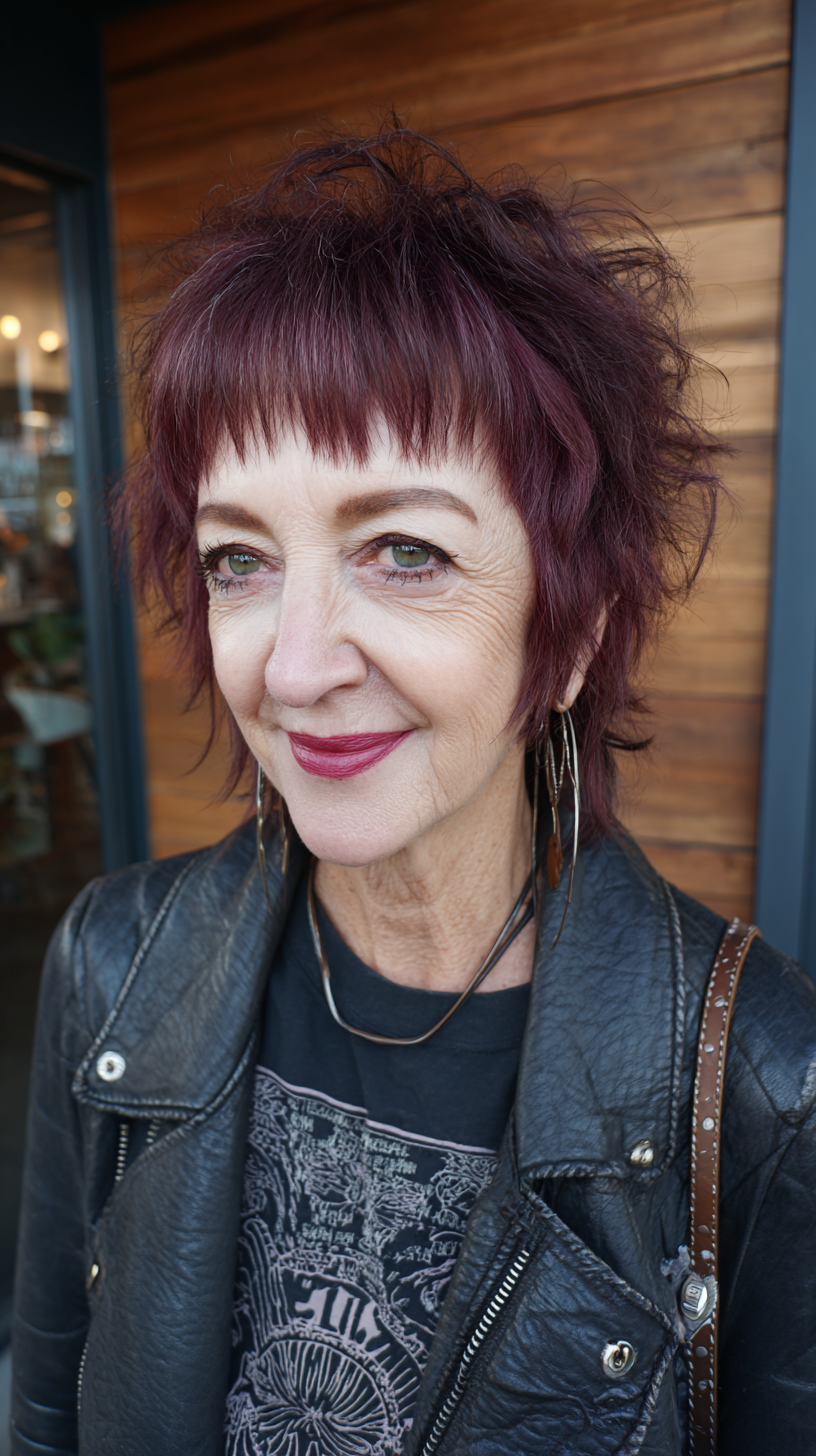 Choppy Shaggy Mullet with Bold Burgundy Highlights