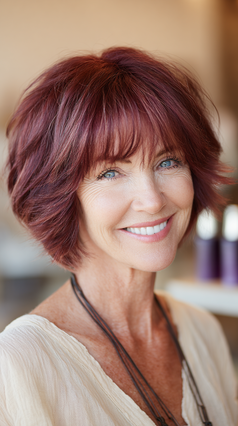 Dynamic Burgundy Shag with Soft Bangs