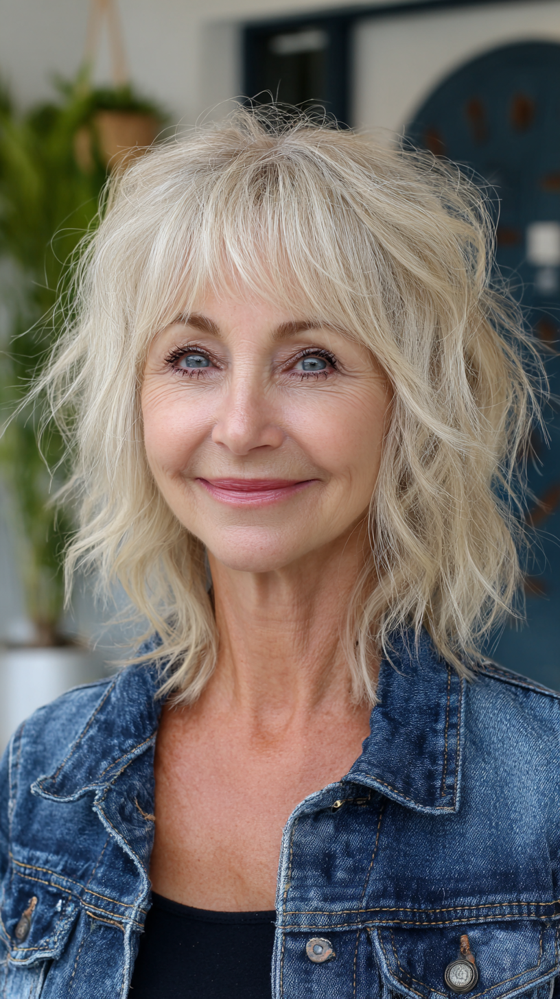 Effortless Wavy Shag with Textured Bangs for Women Over 60