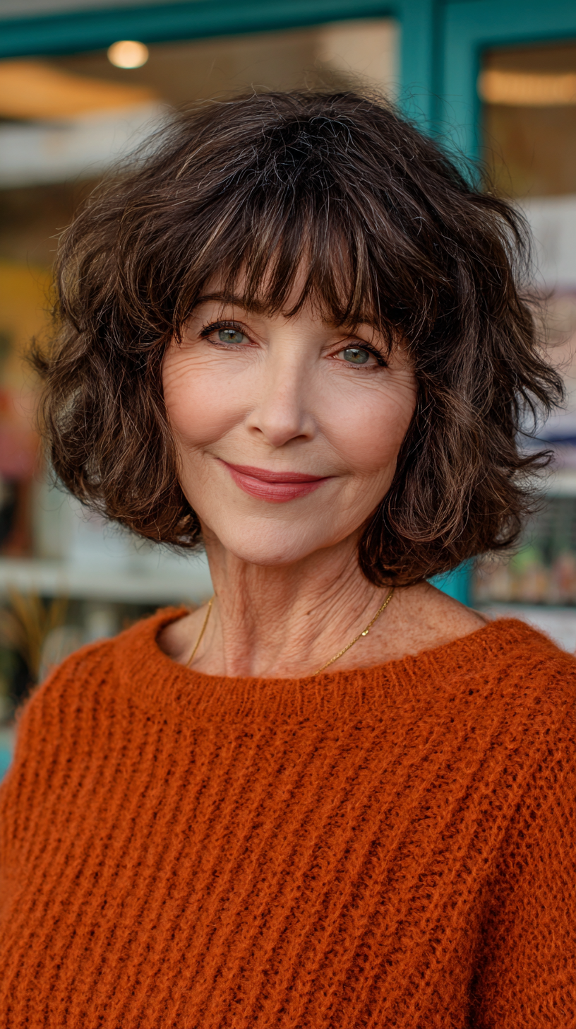 Effortlessly Chic Curly Shag with Wispy Bangs