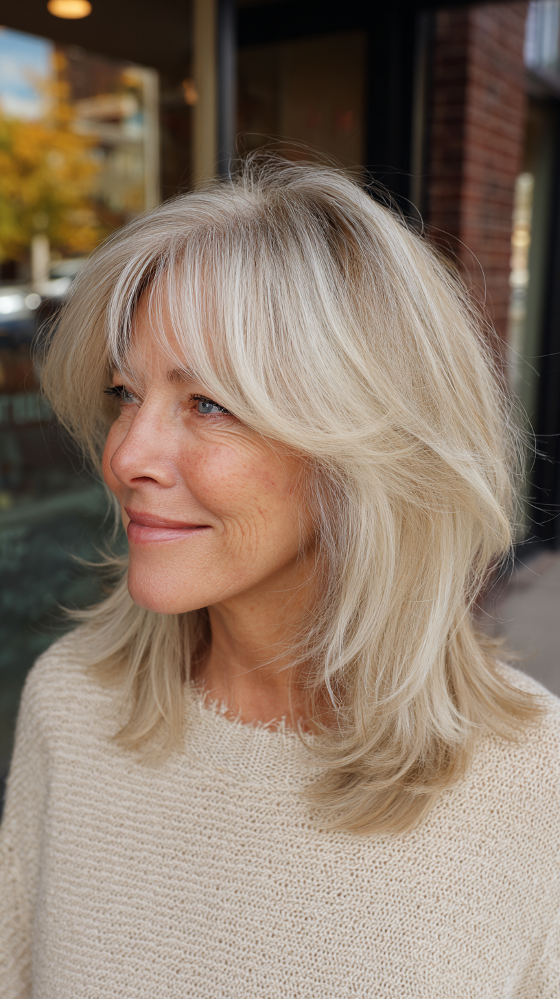 Light Blonde Layered Shag with Soft Bangs