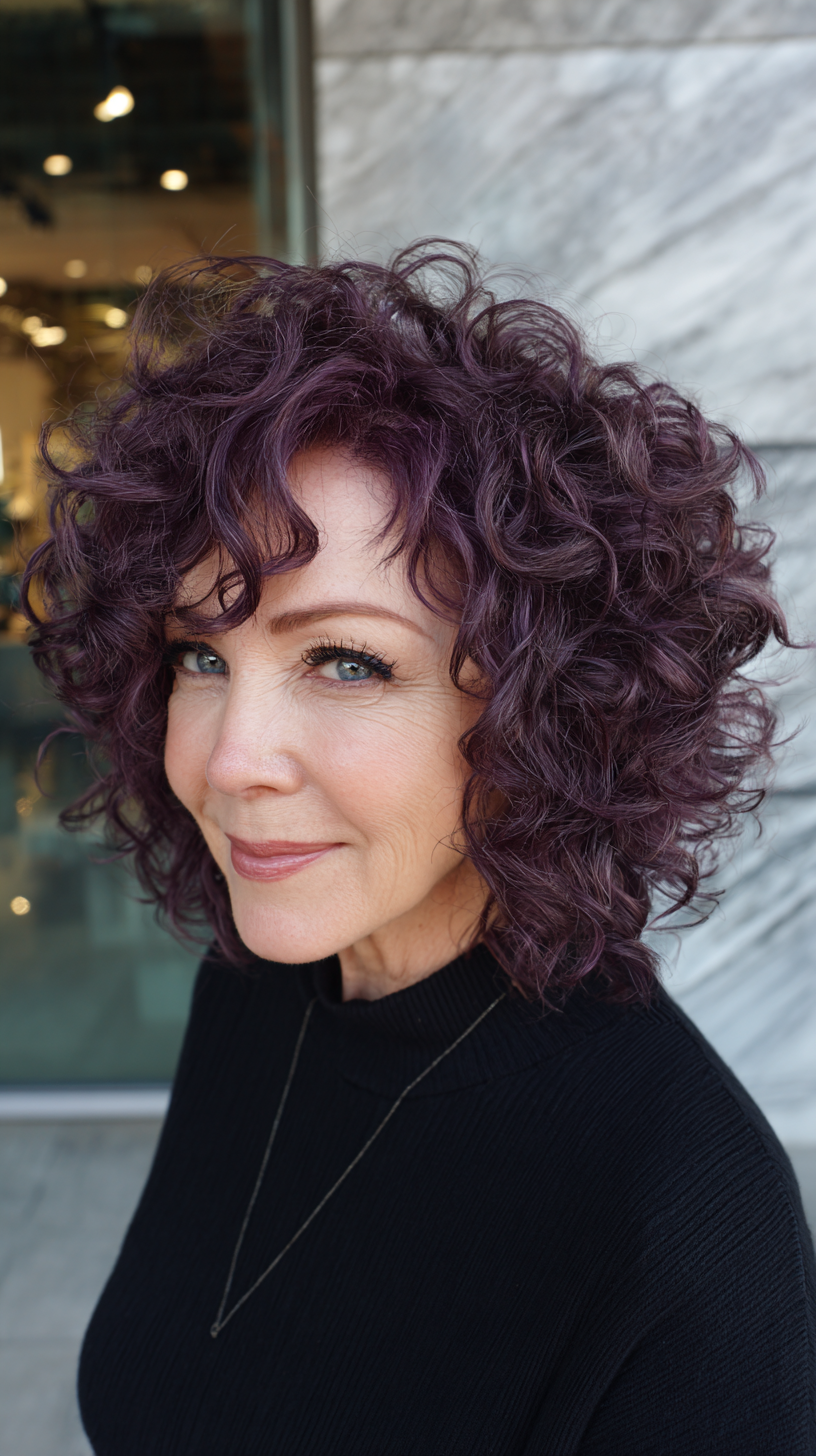 Playful Curly Shag with Rich Plum Tones