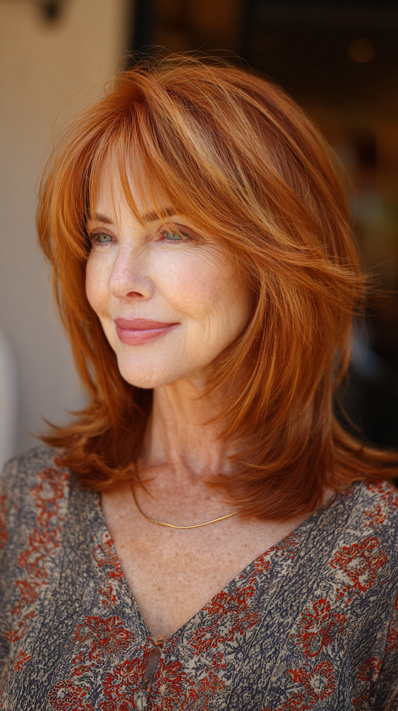Radiant Copper Layered Shag with Face-Framing Bangs