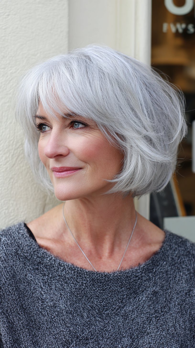 Soft Silver Shaggy Bob with Feathered Layers