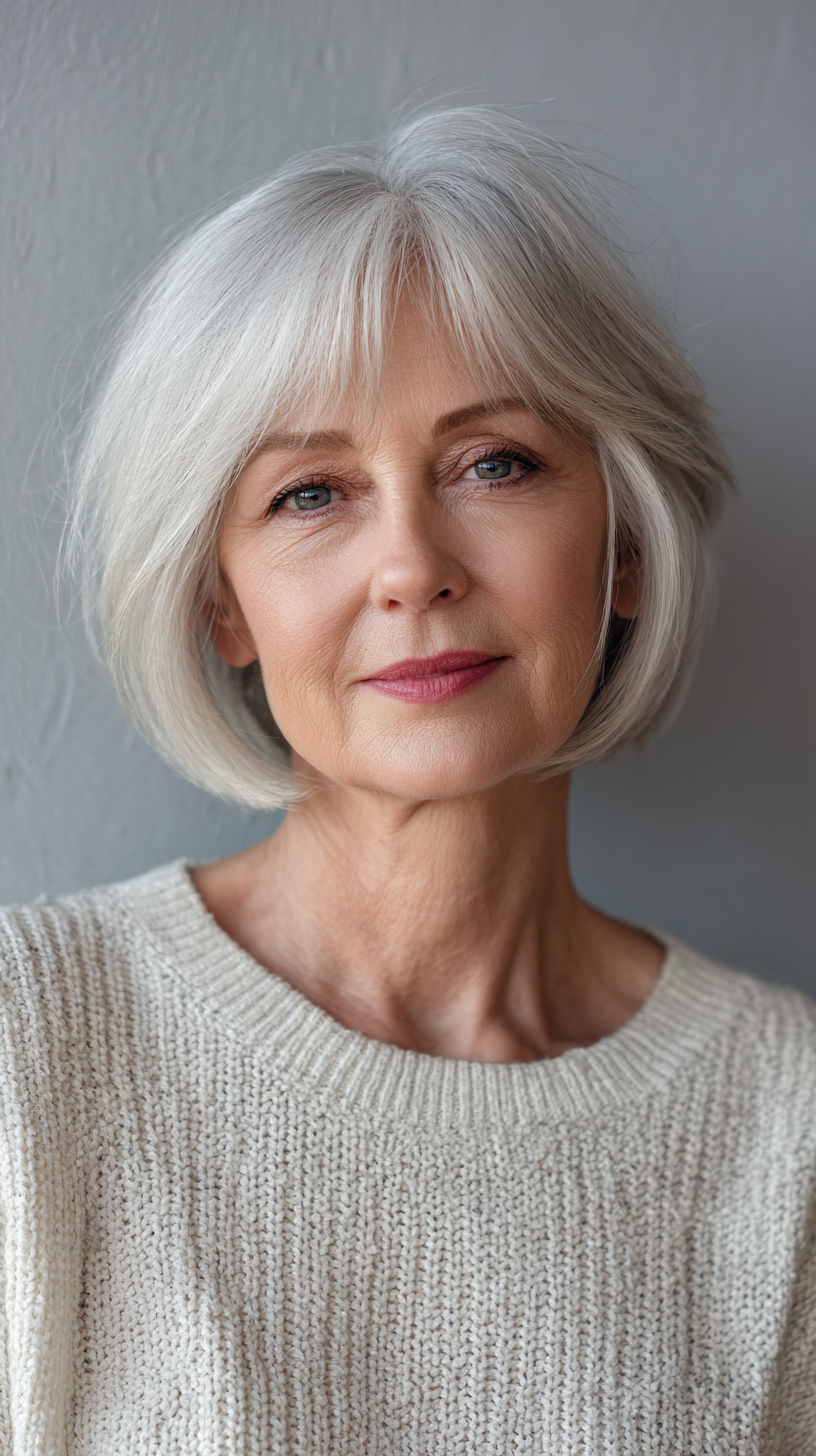 Soft Silver Shaggy Bob with Wispy Bangs