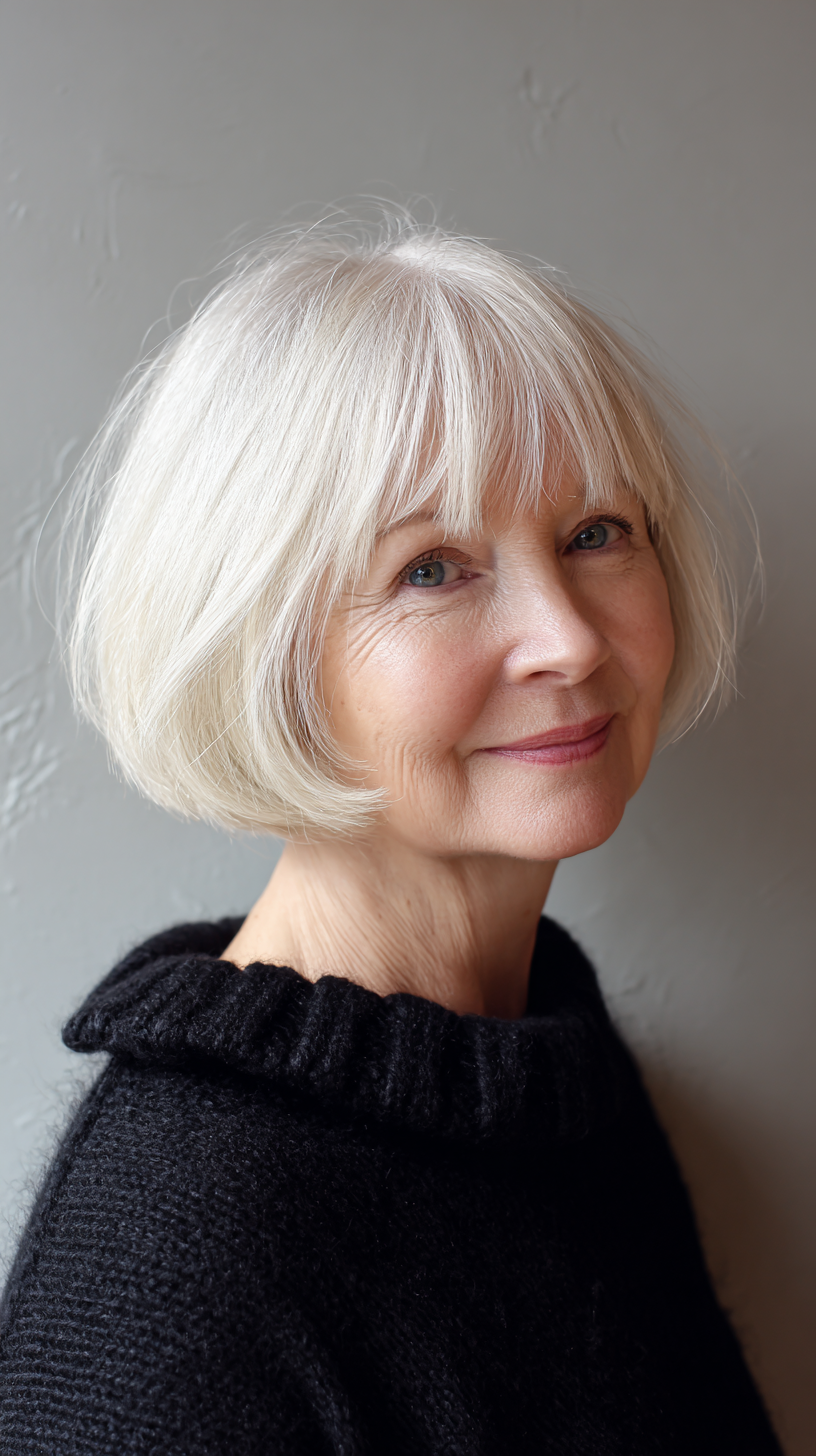 Soft White Shaggy Bob with Gentle Bangs