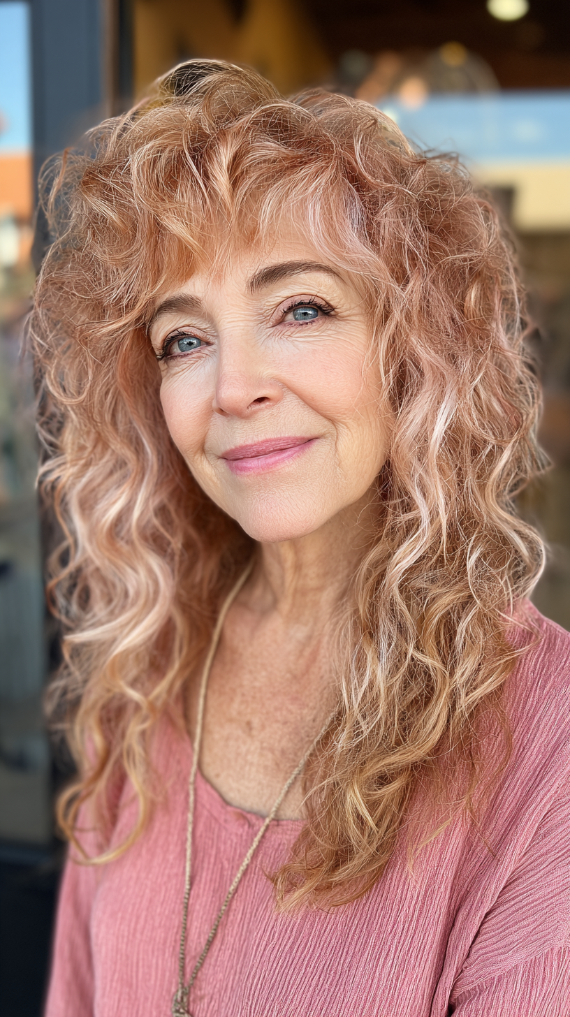 Softly Layered Curly Shag with Warm Rose Tones