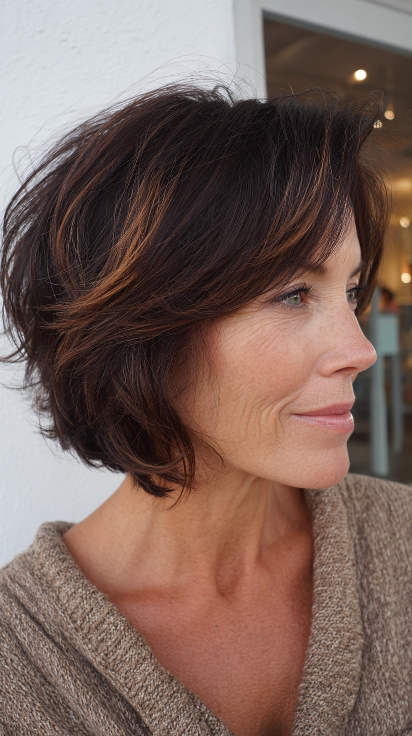 Textured Chestnut Shaggy Bob with Subtle Highlights