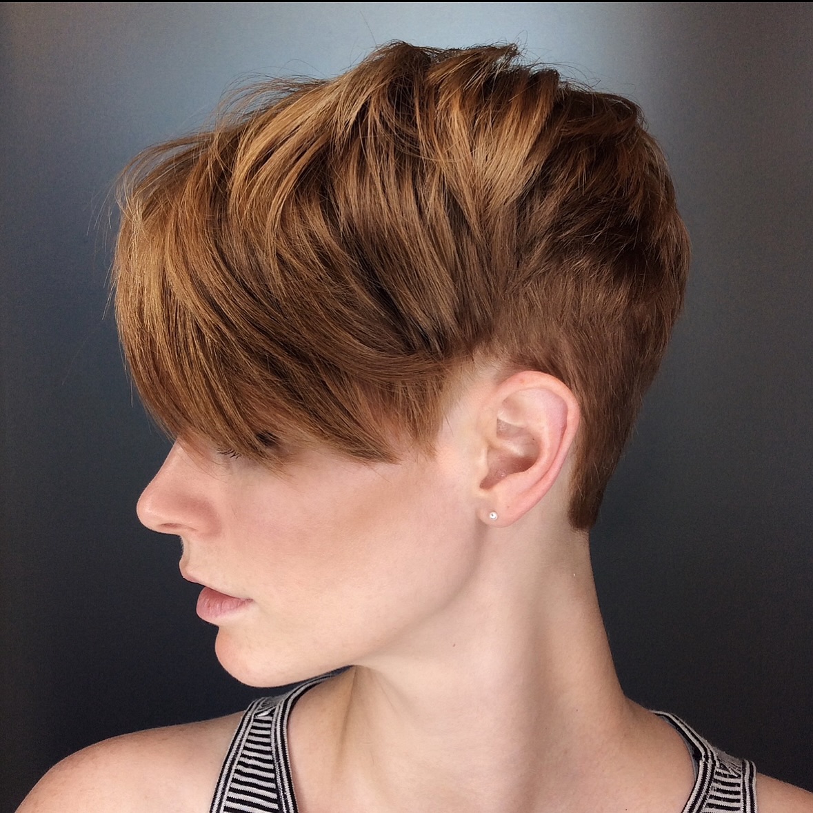 Textured Ginger Layered Pixie with Long Bangs
