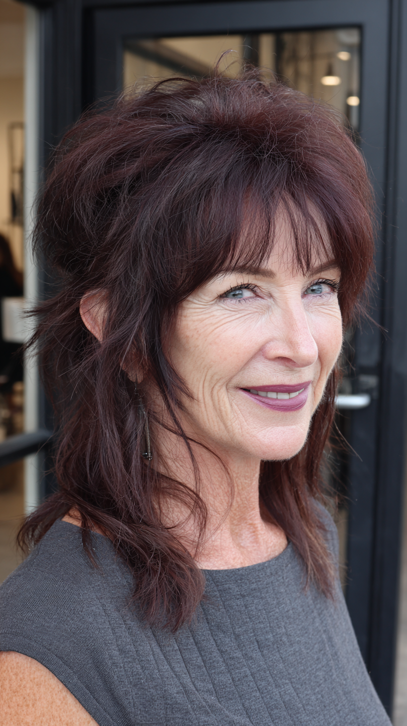 Textured Shaggy Mullet with Rich Burgundy Highlights