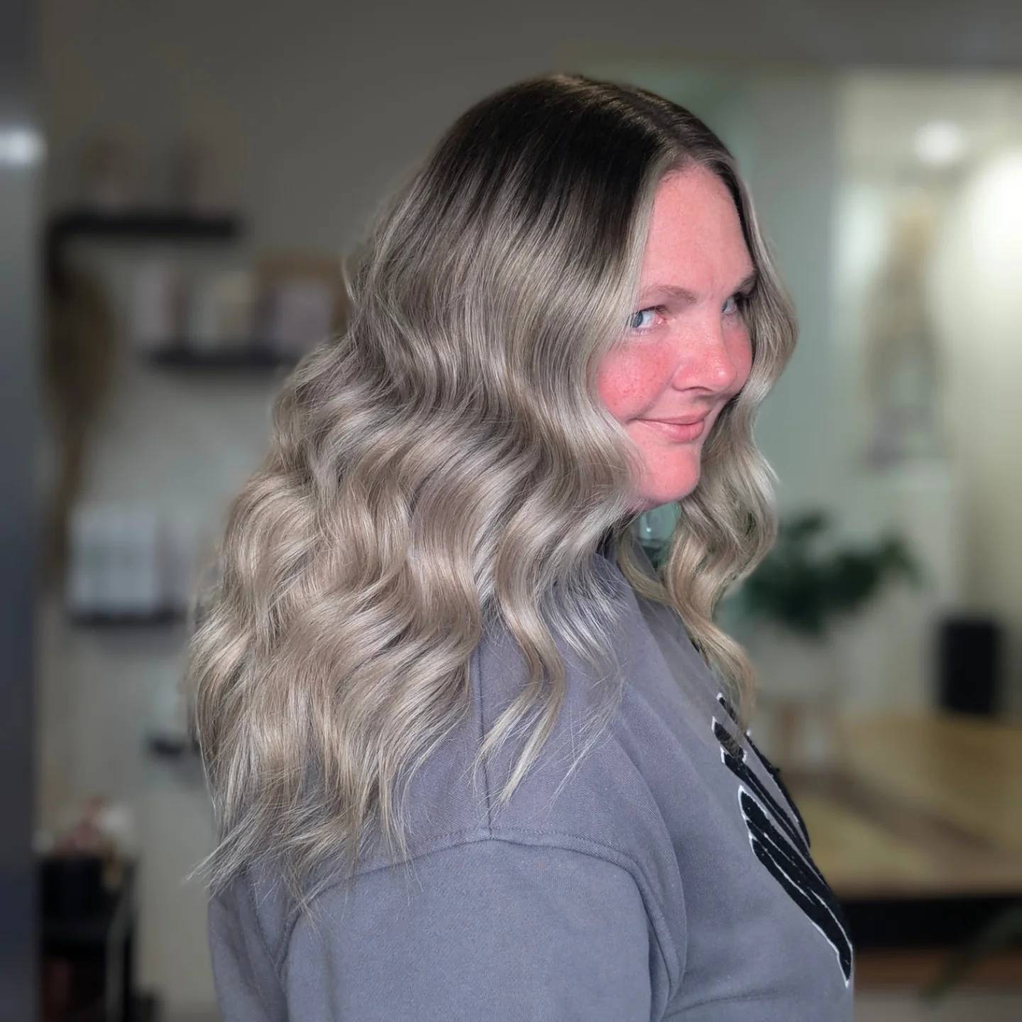Textured Silver Waves with Dark Roots