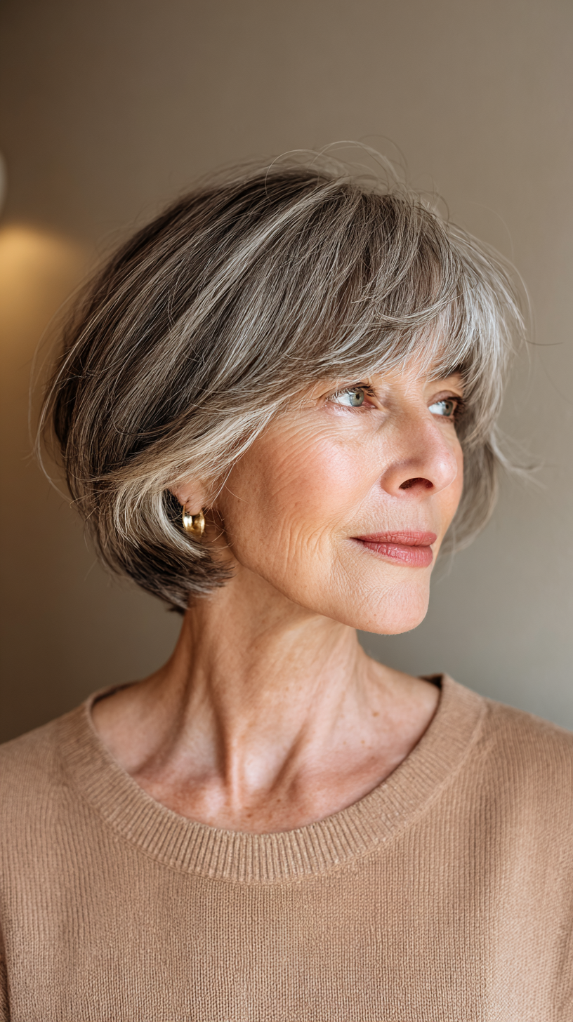 Textured Soft Grey Shaggy Bob with Side-Swept Bangs