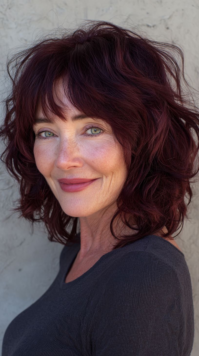 Textured Wavy Shag with Rich Burgundy Hues for Women Over 60