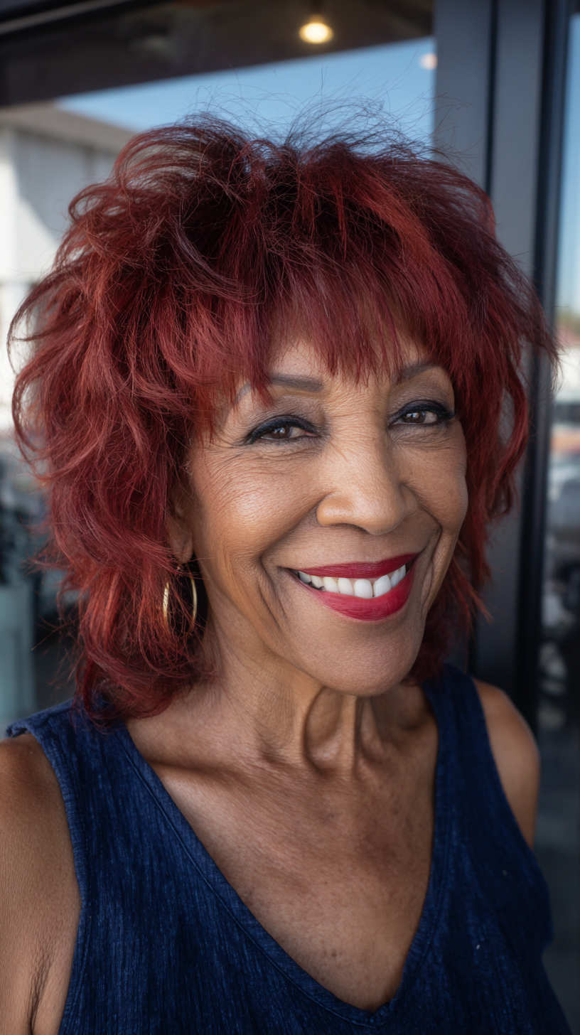 Vibrant Shaggy Mullet with Bold Red Highlights