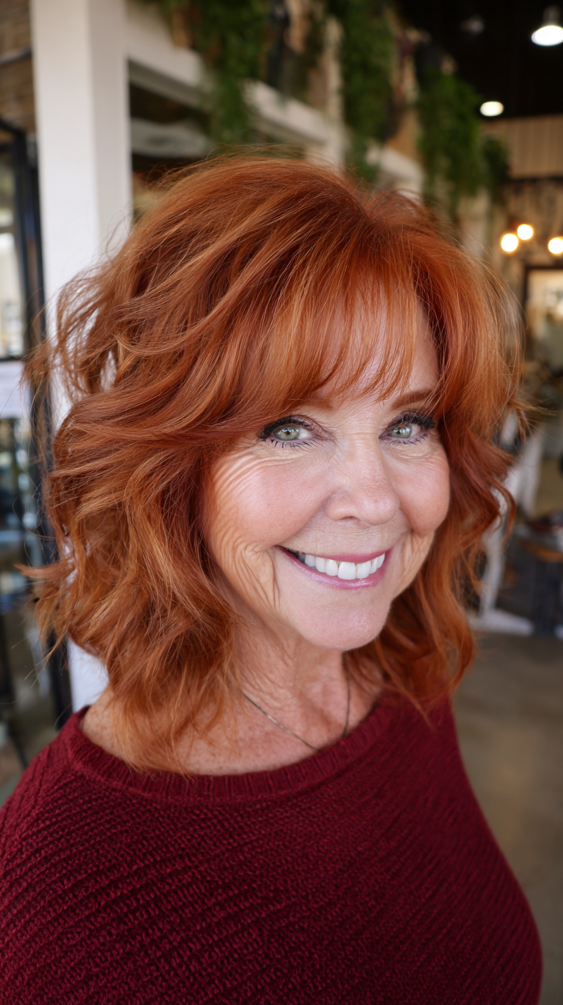 Vibrant Wavy Shag with Soft Bangs for Women Over 60