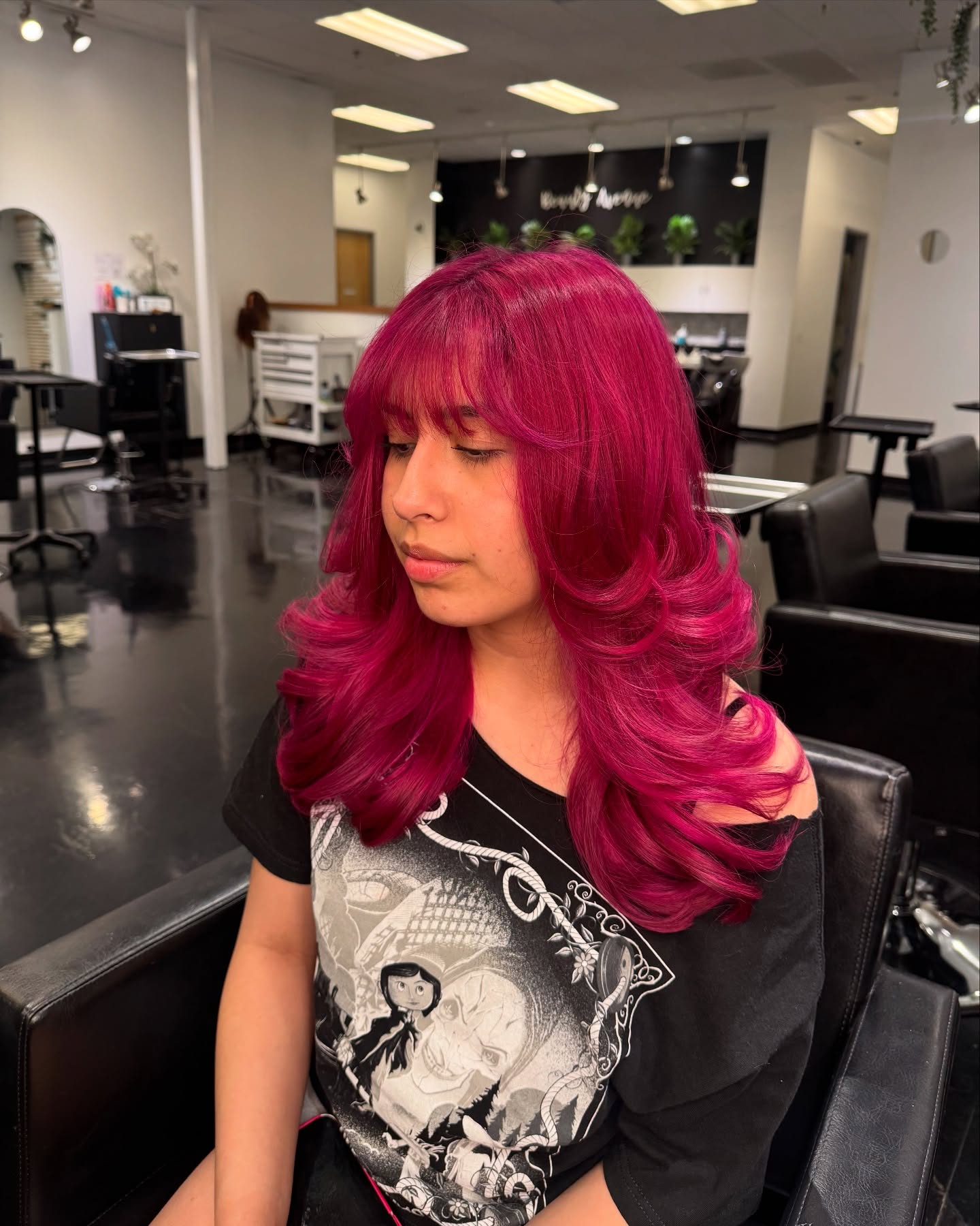 Dynamic Long Layered Hot Pink Hair with Soft Curls