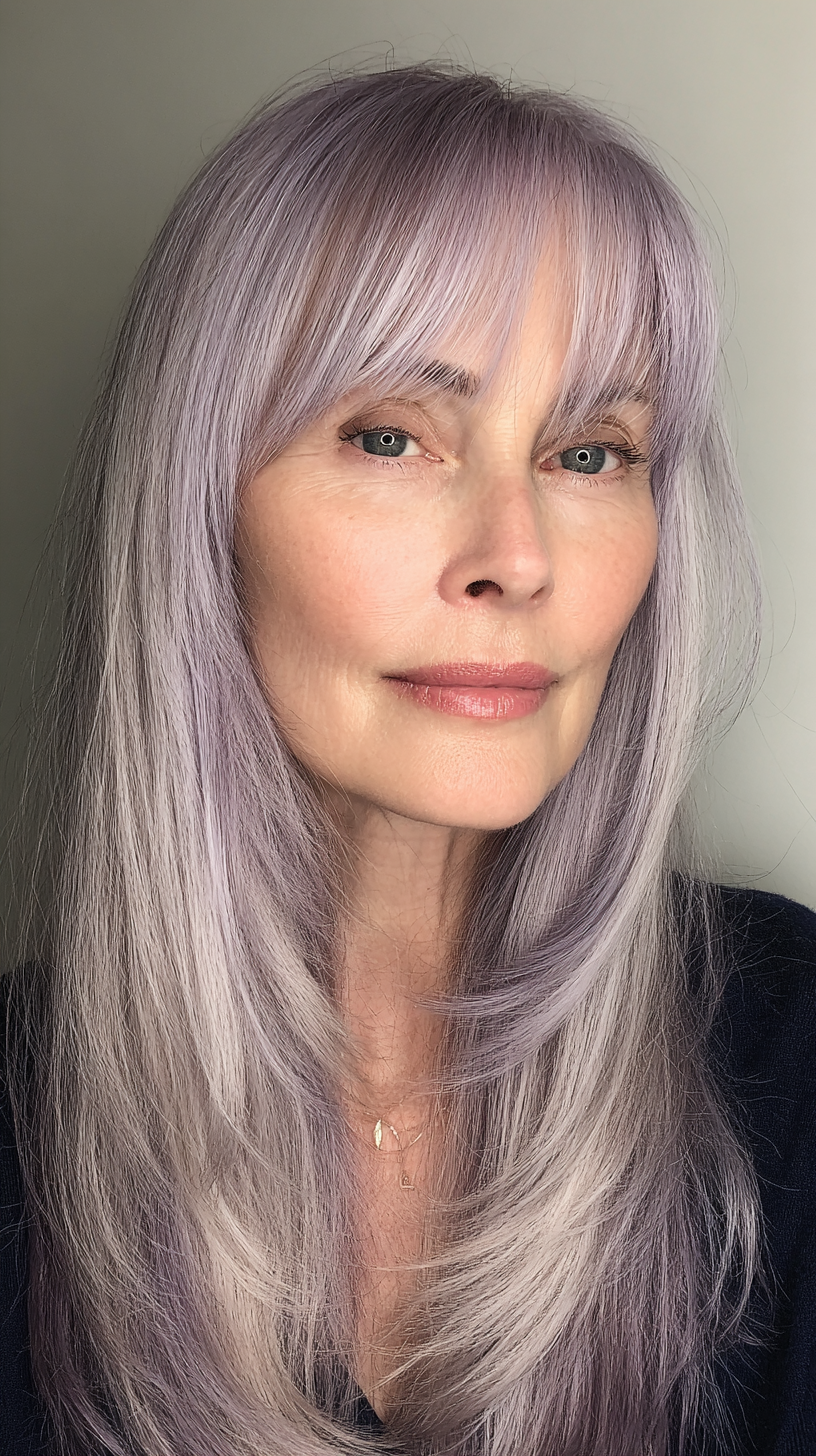 Soft Lavender Long Shag with Face-Framing Layers