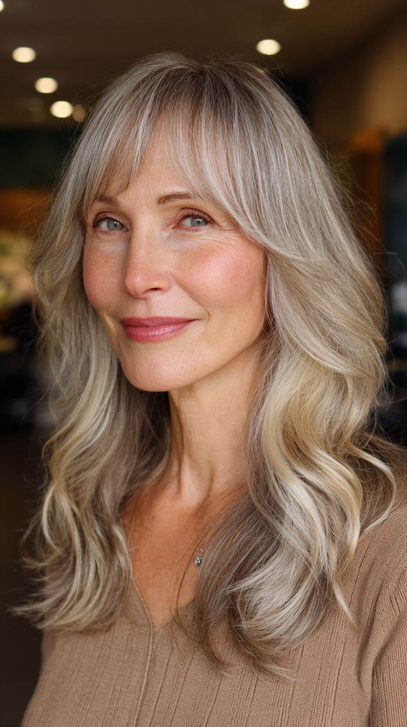 Soft Silver Long Shag with Face-Frame Bangs