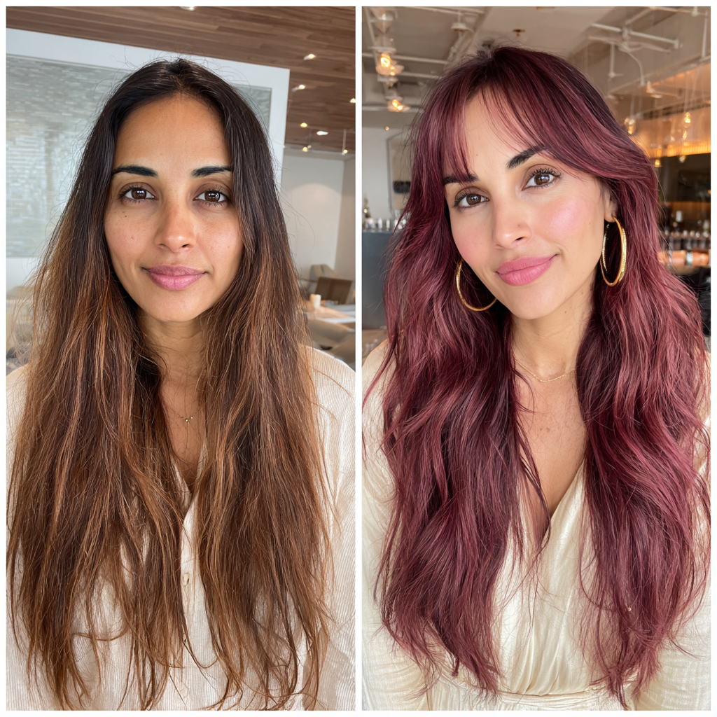 Chic Dark Pink Long Layered Waves with Bangs