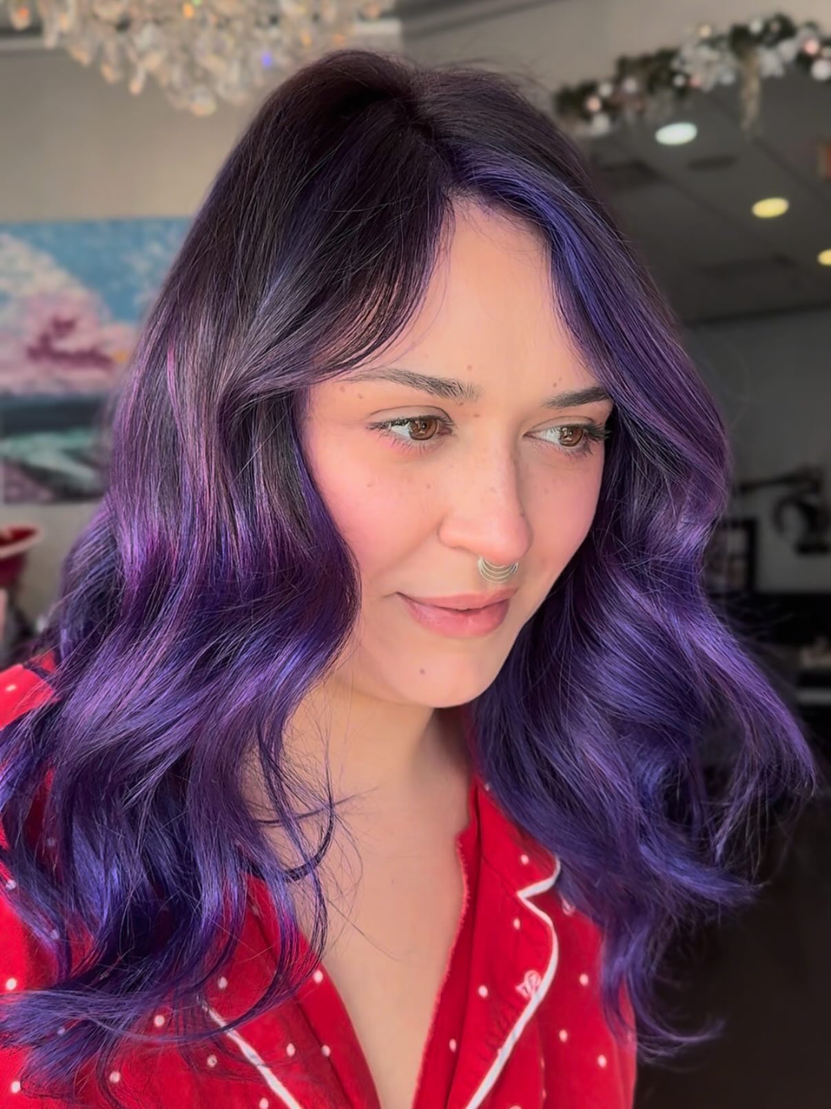 Chic Layered Purple Curls with Face-Framing Highlights