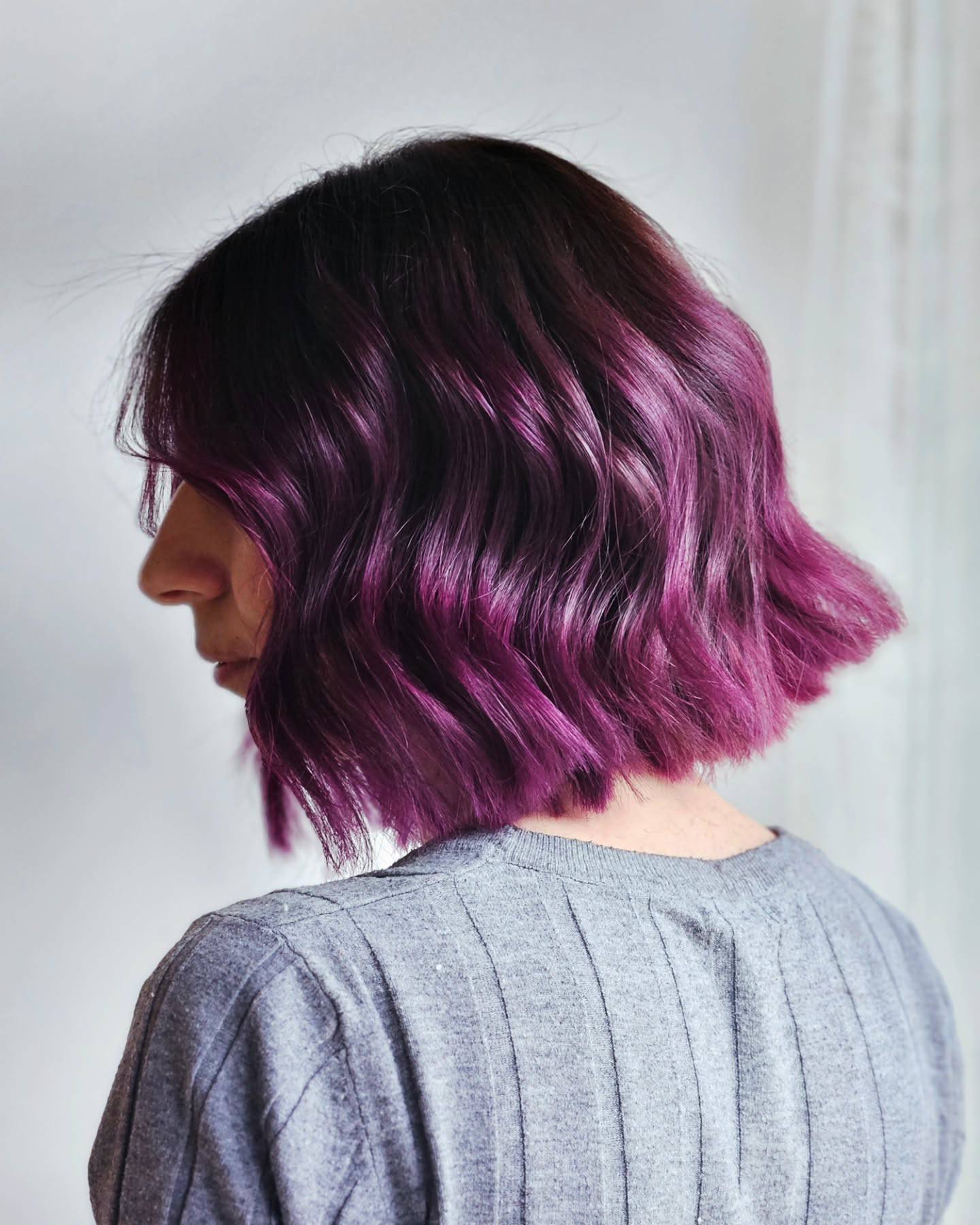 Choppy Textured Purple Bob with Soft Waves